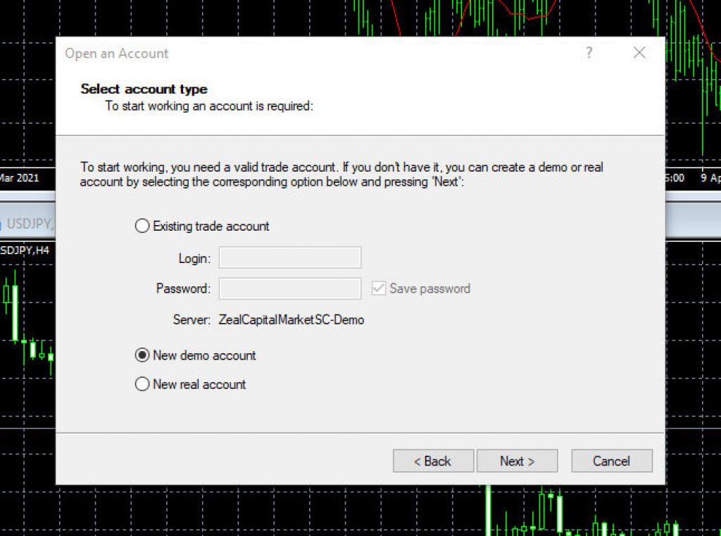 ZFX MetaTrader 4 account selection prompt