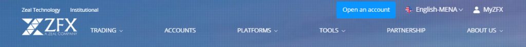 The ZFX website Menu
