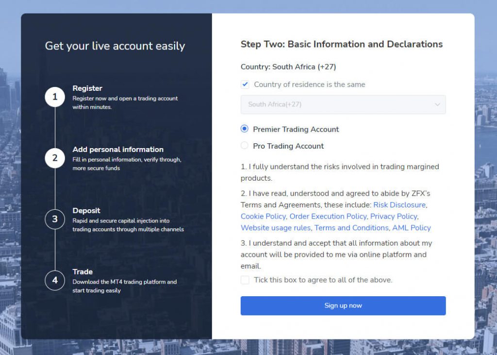 ZFX account selection page