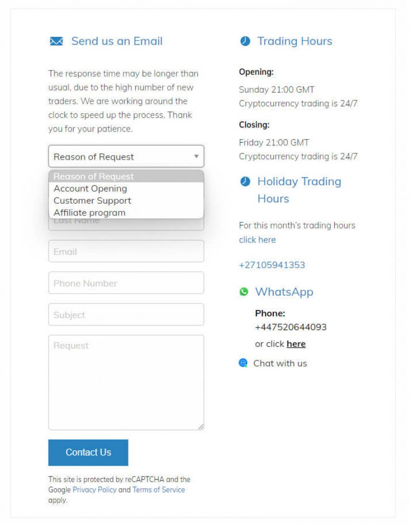 email and trading hours