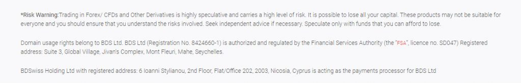 BDSwiss Regulations statement
