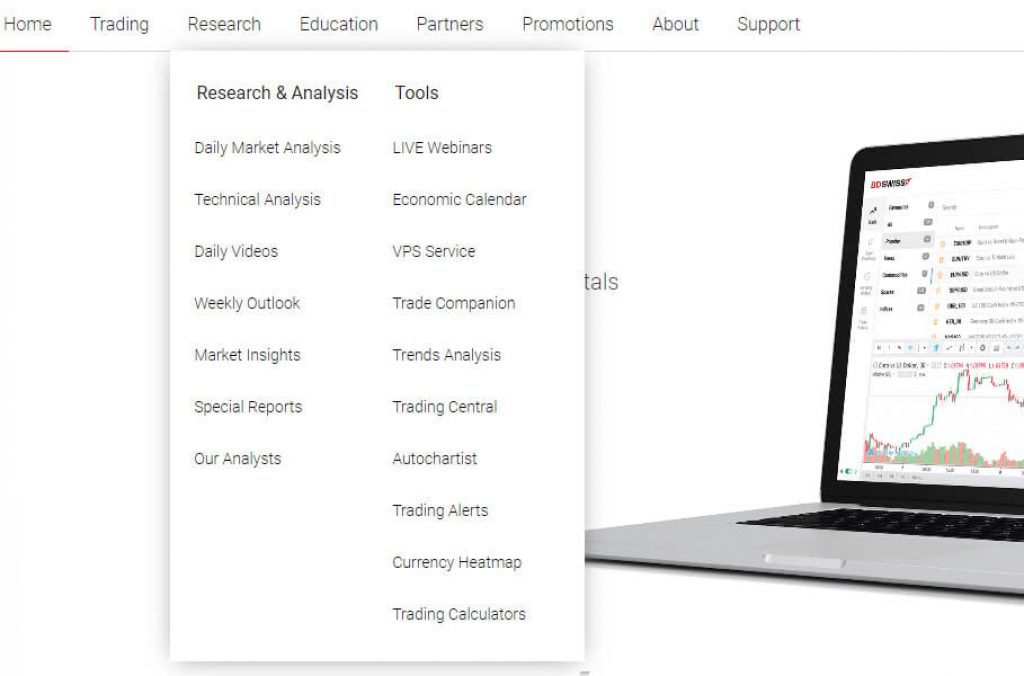 BDSwiss Trading Resources menu