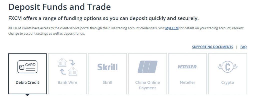 FXCM Deposit methods