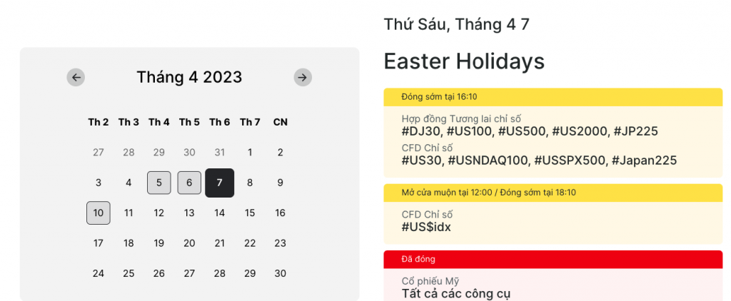 lịch thị trường FXPro