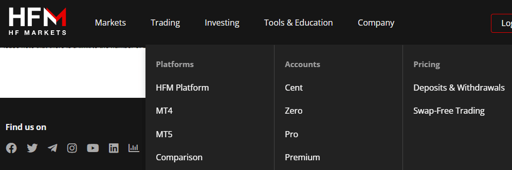 A screen grab of HFM's trading account types