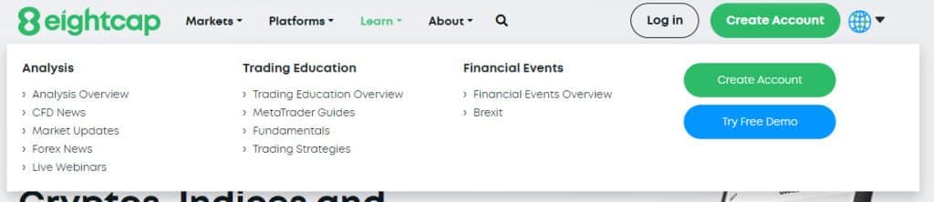 Eightcap's website and navigate to the Learn menu
