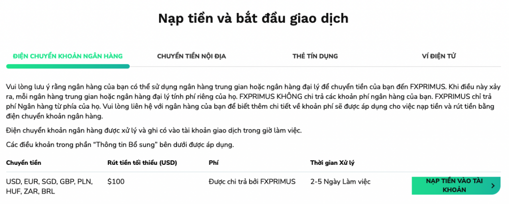 nạp và rút tiền tại FXPrimus