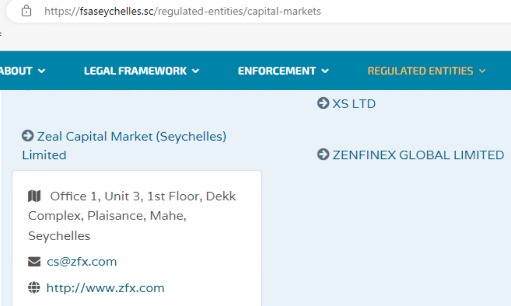 Zeal Capital Market (Seychelles) ltd address on Financial Services Authority (FSA) website