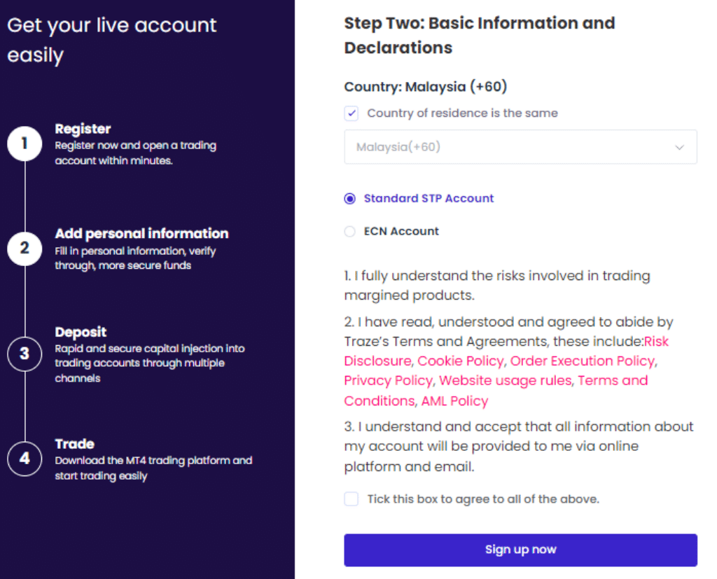 Page 2 of opening an account with Traze online trading platform