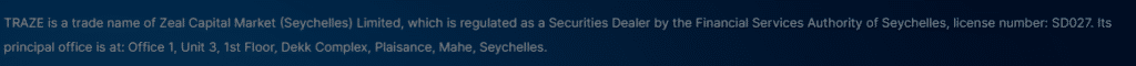 A screen grab of the footer of Traze online trading platform