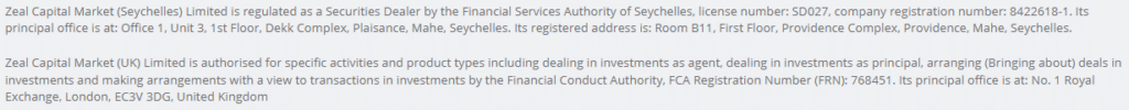 ZFX Broker's license information in website footer