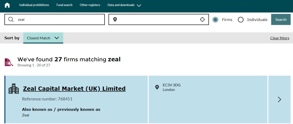 A webpage showing Zeal Group's Financial Conduct Authority (FCA) registration
