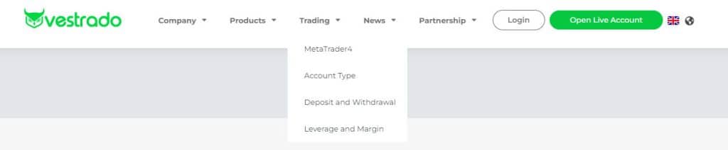 vestrodo shwoing trading section in navigation