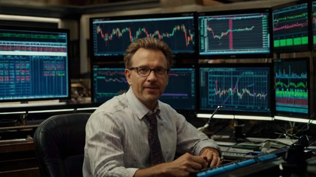 A seasoned male trader in his professional environment, perfect for beginners interested in learning trading strategies. He is seated at a desk surrounded by multiple monitors filled with complex trading charts and market data. His focused expression and office setting filled with financial analysis tools convey the depth and intensity of managing real-time trading operations, demonstrating the practical aspects of trading for beginners.