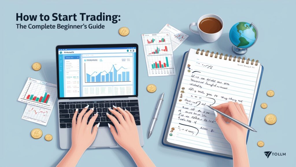 An educational illustration for trading beginners, featuring a well-organized workspace with a laptop open to a trading dashboard, displaying graphs and market data. Beside the laptop, a notebook is open with handwritten notes about stock market trends, a pen in hand. The desk also holds scattered financial charts, a cup of tea, and a small globe, emphasizing a global perspective on trading. Coins lie around, symbolizing financial investment and growth, under the title 'How to Start Trading: The Complete Beginner's Guide'.