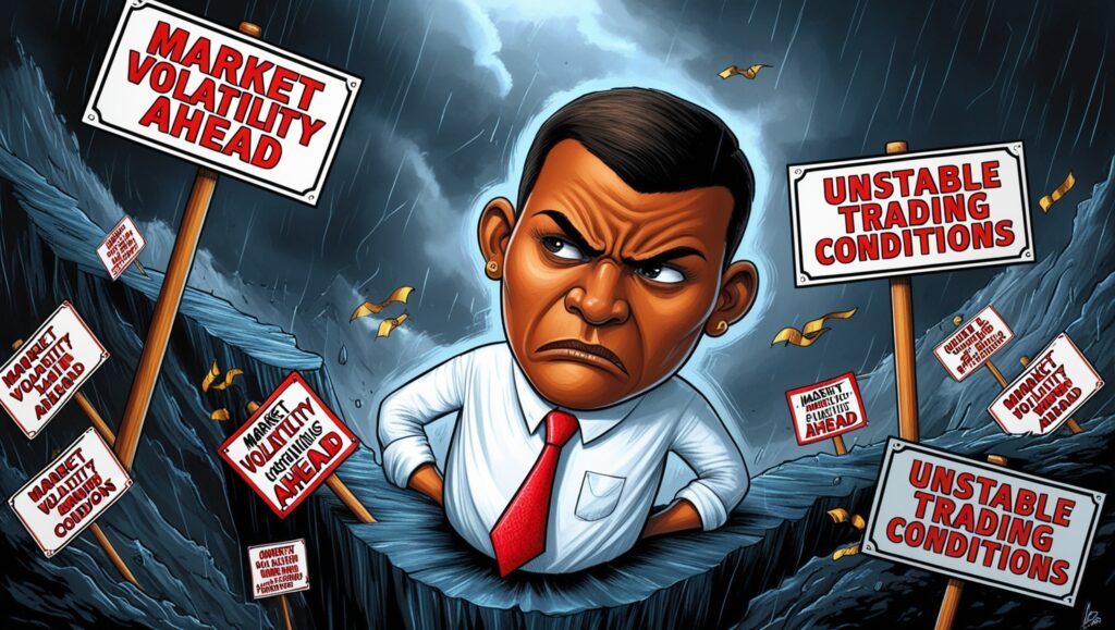 A dramatic illustration perfect for trading beginners, featuring a stern-faced male character with a worried expression, standing amidst a stormy sea with signs reading 'Market Volatility Ahead' and 'Unstable Trading Conditions'. The character, dressed in a white shirt and red tie, symbolizes the trader's concerns and challenges in a volatile market. Surrounding signs reinforce the unpredictability, serving as warnings to navigate with caution, making it an impactful visual guide for newcomers in trading.