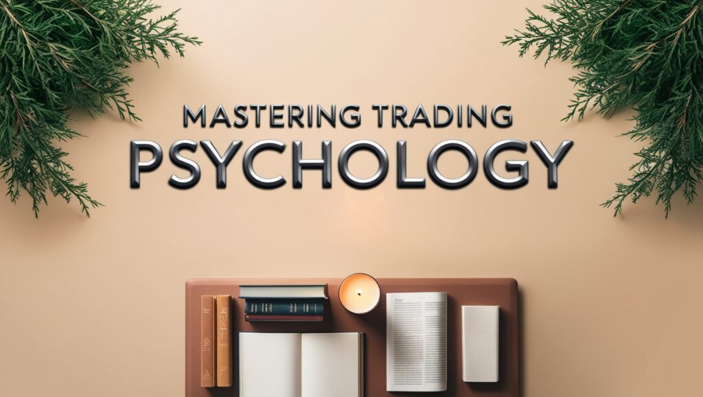 A serene and educational setting designed for trading beginners, focusing on mastering trading psychology. The image features a simple desk setup with essential reading materials including books on trading psychology, an open journal, and a lit candle creating a calm ambiance. Above the desk, the text 'Mastering Trading Psychology' is prominently displayed in metallic letters, underscored by decorative greenery on either side, enhancing the theme of mental clarity and focus needed for effective trading.