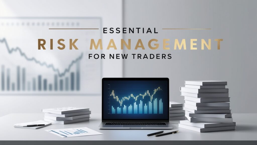 A minimalist and sophisticated office setup designed for trading beginners interested in risk management. The scene features a laptop displaying a candlestick chart on its screen, symbolizing the study of market trends. Next to the laptop, two piles of white books and financial documents suggest deep learning and reference material for new traders. The backdrop features a large, soft-focus chart with the words 'Essential Risk Management for New Traders' prominently displayed, emphasizing the theme of preparedness and caution in trading.