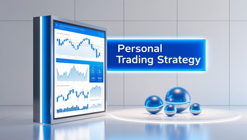 A sleek, modern digital display in a minimalist setting showcasing various trading charts ideal for beginners learning personal trading strategies. The scene features a large, interactive screen displaying detailed graphs of market trends and indices. A prominent, illuminated sign with 'Personal Trading Strategy' hovers above the display. In the foreground, three glossy, metallic spheres rest on a white pedestal, adding a futuristic touch to the environment, perfect for beginners interested in trading.