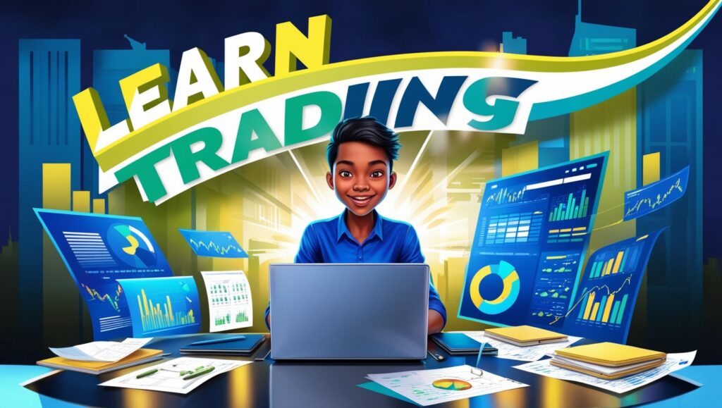 A vibrant digital illustration focused on trading for beginners, showcasing a young, enthusiastic Black male animator character smiling while working on a laptop surrounded by multiple screens displaying trading charts and data. The background features a dynamic cityscape with buildings, and a large, bright sign reading 'Learn Trading' curves above the scene, reinforcing the educational theme. The desk is cluttered with financial documents and charts, depicting an immersive learning environment.