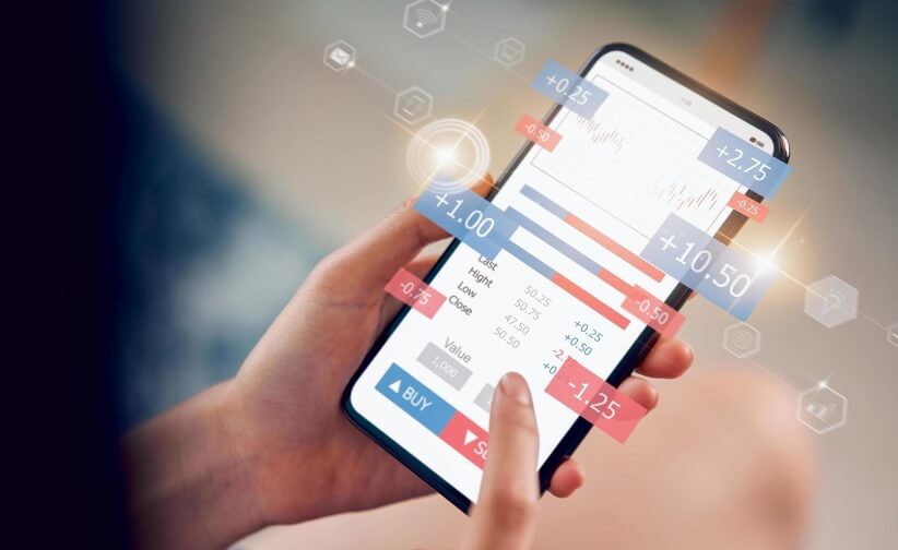 hand holding phone with holograms of positions jumping off phone