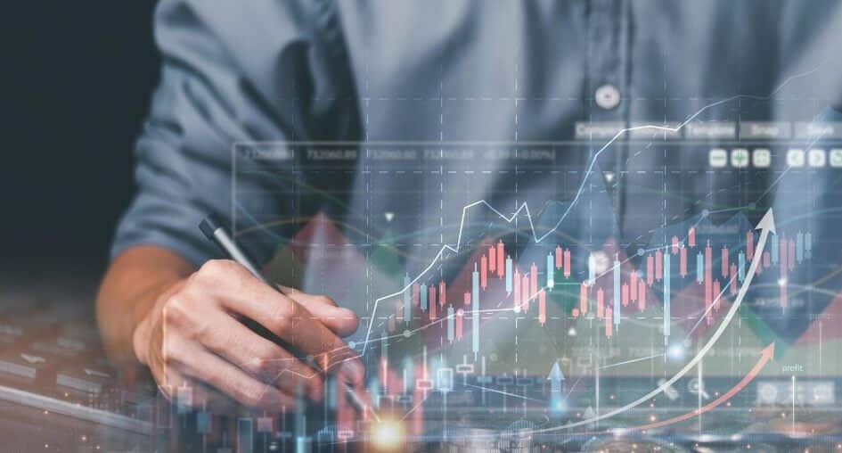 man with pen writing on holographic forex chart
