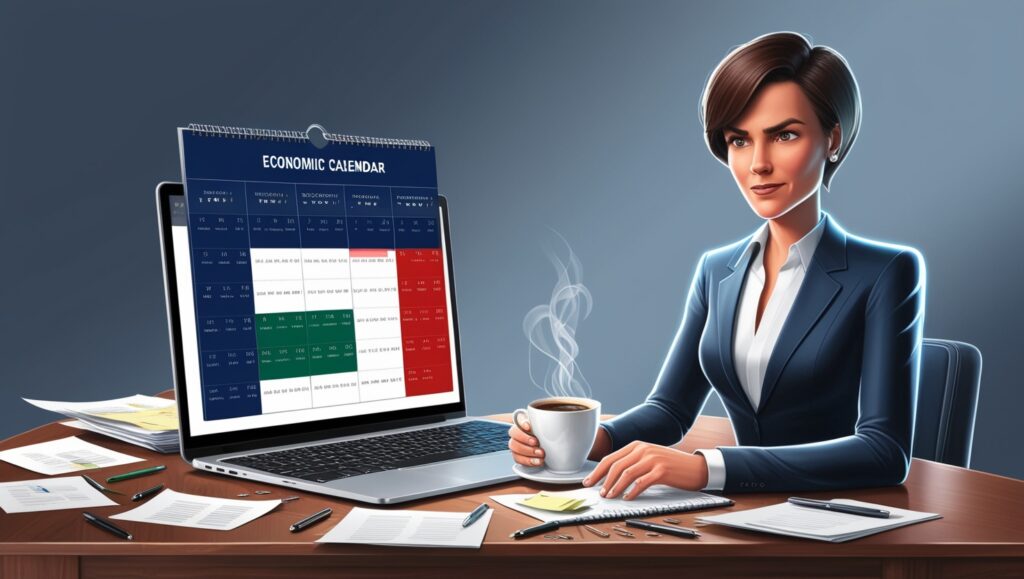 A sleek and modern digital illustration of a professional woman at her desk with a laptop displaying an economic calendar. The calendar shows a colorful array of dates and economic indicators, categorized in red, green, and blue. She is holding a steaming cup of coffee and surrounded by various documents, emphasizing her engagement in financial planning and analysis on how to know forex news before release.