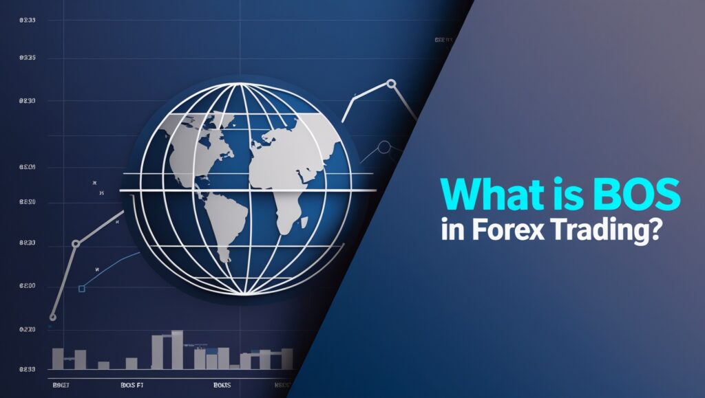 Educational banner featuring a digital illustration of a globe overlaid with a white grid, placed against a dark blue background. The globe focuses on a simplified representation of the continents, surrounded by various financial charts and graphs, symbolizing global Forex markets. The bold text on the right asks, 'What is BOS in Forex Trading?' highlighting the theme of the image and inviting viewers to learn about Breakout Strategies in Forex.