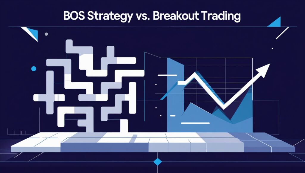 A visually engaging banner depicting a comparison between BOS Strategy and Breakout Trading in Forex. The left side features a complex, maze-like white geometric pattern on a dark background, symbolizing the strategic and intricate nature of BOS Strategy. On the right, a sharp upward trending blue line chart on a lighter platform illustrates the dynamic and aggressive approach of Breakout Trading, set against a dark blue background with the title 'BOS Strategy vs. Breakout Trading' prominently displayed at the top.
