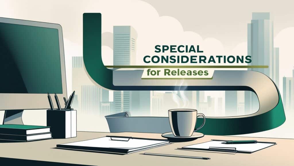 A professional modern illustration depicting a neatly organized office desk with a view of a cityscape through a window. On the desk are an iMac, a steaming cup of coffee, and documents spread out, with a prominent curved banner reading 'Special Considerations for Releases'. This setup reflects a focus on the strategic preparation required for understanding how to know forex news before release in a corporate or trading environment.