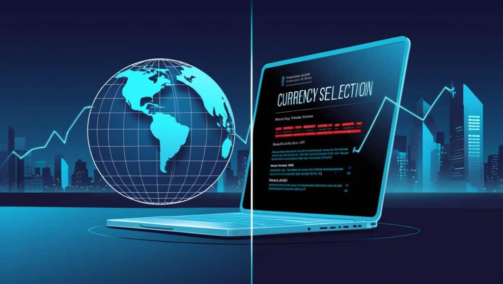 A professional-looking illustration featuring two open laptops against a city skyline backdrop with a prominent digital world globe and a rising stock graph. The left screen displays the globe overlaid with a glowing stock market line graph, symbolizing global financial trends. The right screen focuses on 'Currency Selection' with detailed lists and descriptions, showcasing tools and strategies on how to know forex news before release, enhancing global trading preparedness.
