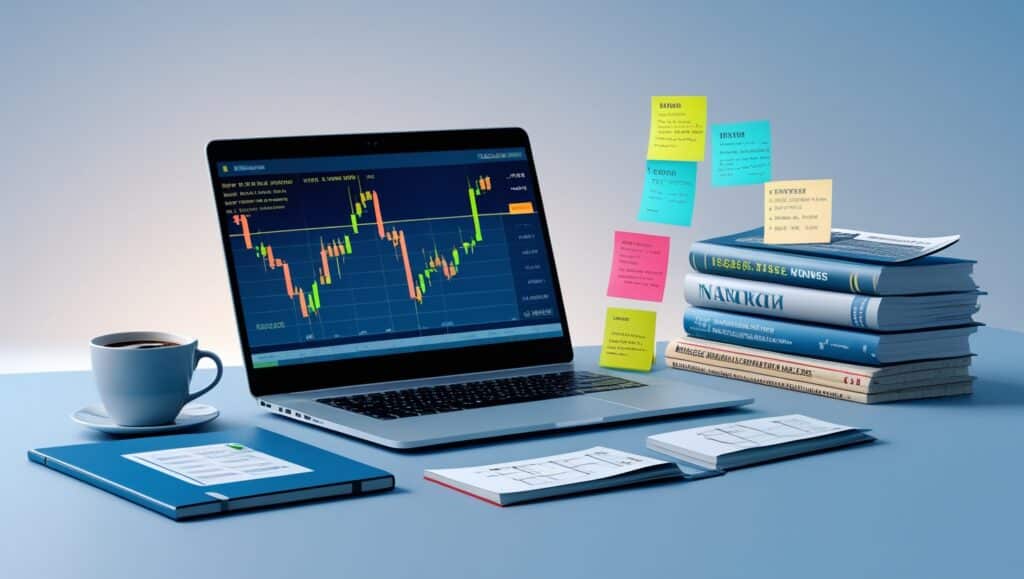 A sleek modern desk setup featuring a laptop displaying a detailed forex trading chart. Next to the laptop is a cup of coffee and several stacked finance books with highlighted titles. The desk is also scattered with colorful sticky notes containing handwritten notes and reminders, focusing on strategies for how to know forex news before release. This workstation represents a meticulous approach to forex market analysis and preparation.