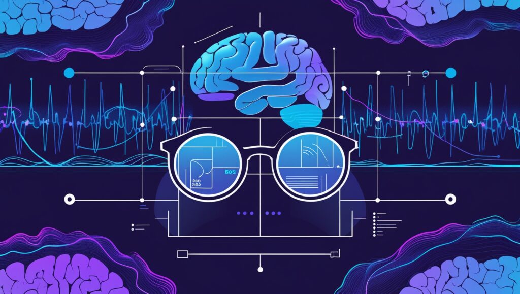 A vibrant and intricate digital illustration featuring a neon-lit brain at the center, flanked by abstract waveforms and graphical elements in varying shades of blue and purple. Below the brain, a pair of glasses displays charts labeled 'BOS' inside one of the lenses, symbolizing the analytical and intellectual approach to BOS in Forex trading. This creative representation emphasizes the cerebral aspect of formulating effective trading strategies.