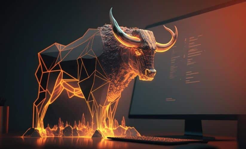 digital bull in front of trading chart