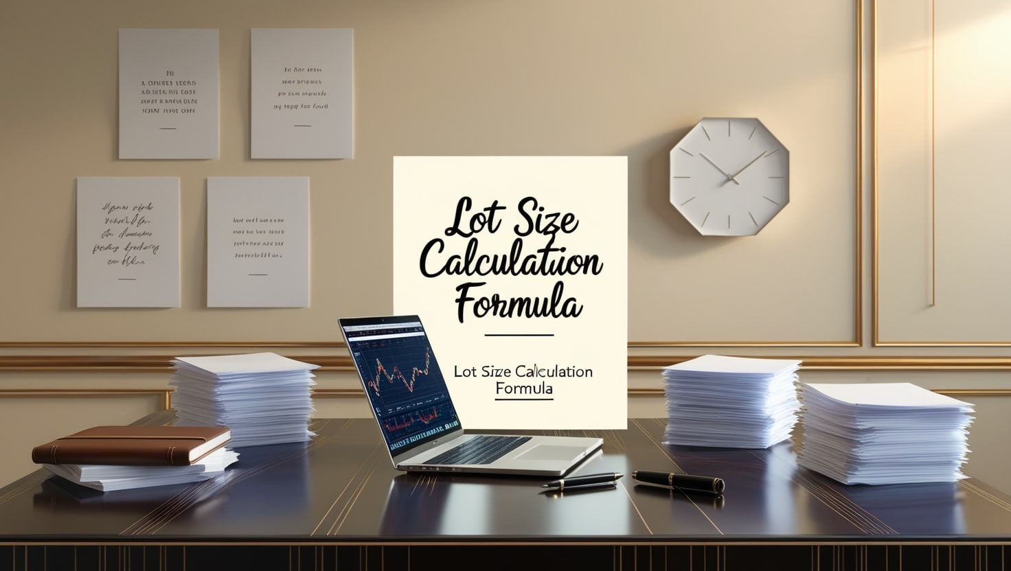 An elegant office setup showcasing a workspace dedicated to learning how to calculate lot size in forex. The desk features a prominent poster with 'Lot Size Calculation Formula' text, surrounded by neatly stacked piles of white paper, a laptop displaying forex charts, a closed brown notebook, and a modern wall clock, all under a warm beige wall decorated with inspirational quotes.