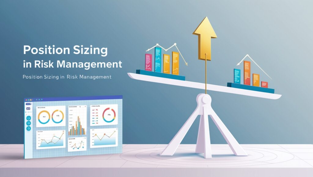 A conceptual illustration related to forex trading, specifically on how to calculate lot size in forex through risk management. It features a balanced scale with a computer monitor on one side displaying various graphs and charts about trading analytics, and on the other side, colorful bar graphs in the shape of books with an upward trending arrow, symbolizing growth and balance in trading decisions.