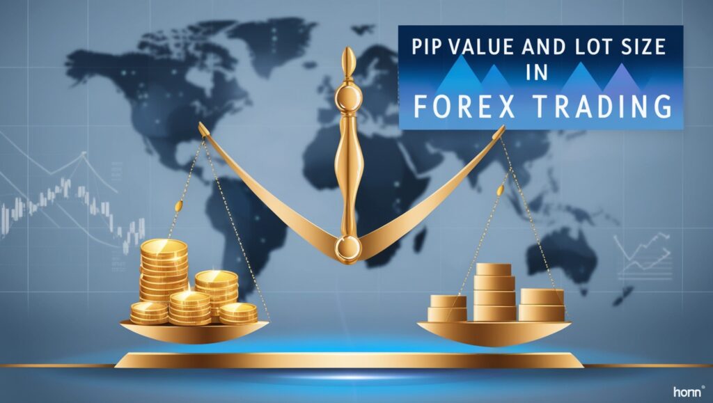 An educational visual depicting the concepts of pip value and how to calculate lot size in forex trading. A golden scale balances stacks of coins on one side against a golden ship on the other, set against a background featuring a world map and forex market graphs. This represents the balance and consideration needed in forex trading to manage financial risks effectively.