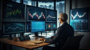 man sitting at table looking at PC with forex chart
