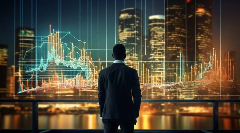 man standing in front of window with large forex chart overlay