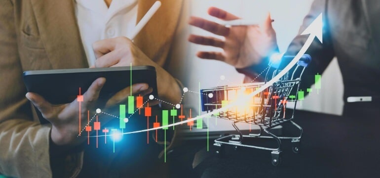 woman holding tablet with forex trading chart going up in overlay