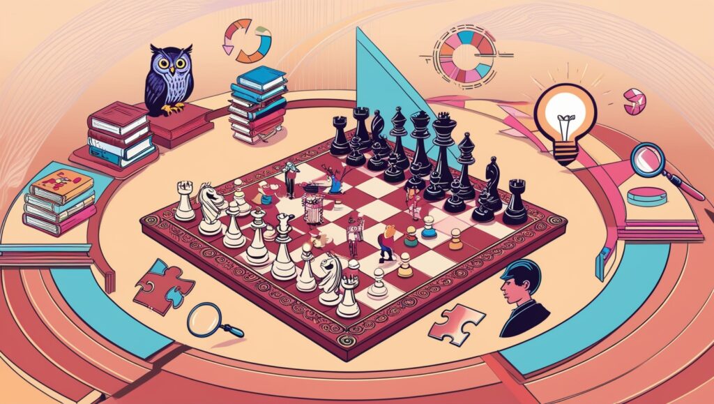 A vibrant and intricate illustration showcasing strategic thinking, featuring a large chessboard centered within a metaphorical representation of decision-making, akin to calculating point values in trading. Animated characters as chess pieces, surrounded by books, an owl, and analytical tools like charts and a magnifying glass, highlight the concept of strategic 'point value' analysis in complex scenarios.