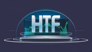 The image visually represents the concept of "HTF" in trading, with a futuristic design featuring a laptop, a digital stock chart, and bold 3D text. "HTF" stands for **Higher Time Frame**, a term used in trading to analyze broader market trends by looking at longer timeframes, such as daily, weekly, or monthly charts, rather than shorter intraday charts. This approach helps traders identify major trends, key support/resistance levels, and overall market direction before executing trades on lower time frames.