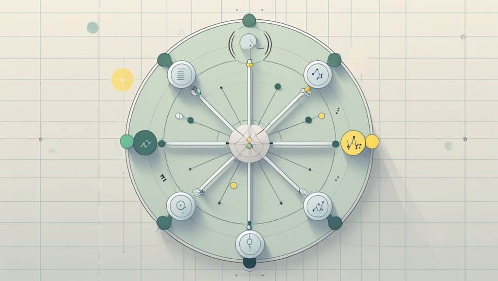 This image depicts a stylized digital illustration of a circular diagram resembling a complex machine or clock, designed to metaphorically represent 'What is US30 in Forex'. It features various icons and elements linked to astrology and science, such as symbols for planets and mathematical notations, integrated within a pale green disc set against a grid background. This artistic rendering uses a muted color palette with green, yellow, and gray hues, subtly hinting at analytical and strategic themes relevant to forex trading of the US30 index.