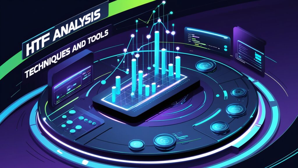 The image showcases a futuristic, high-tech representation of **HTF Analysis** with the phrase **"HTF ANALYSIS: TECHNIQUES AND TOOLS."** The design features a glowing digital interface, bar charts, and analytical tools, emphasizing the technological and strategic aspects of **Higher Time Frame (HTF) trading**.
### **Key Takeaways from HTF Analysis:**
- **Techniques:** Trend identification, key support/resistance levels, multi-timeframe analysis.
- **Tools:** Moving Averages, Fibonacci Retracement, Volume Profile, RSI/MACD for trend confirmation.
- **Advantages:** Reducing noise, avoiding false signals, and aligning trades with the dominant market trend.
HTF analysis is a crucial part of a trader’s strategy, helping them make **data-driven decisions** based on the broader market structure.