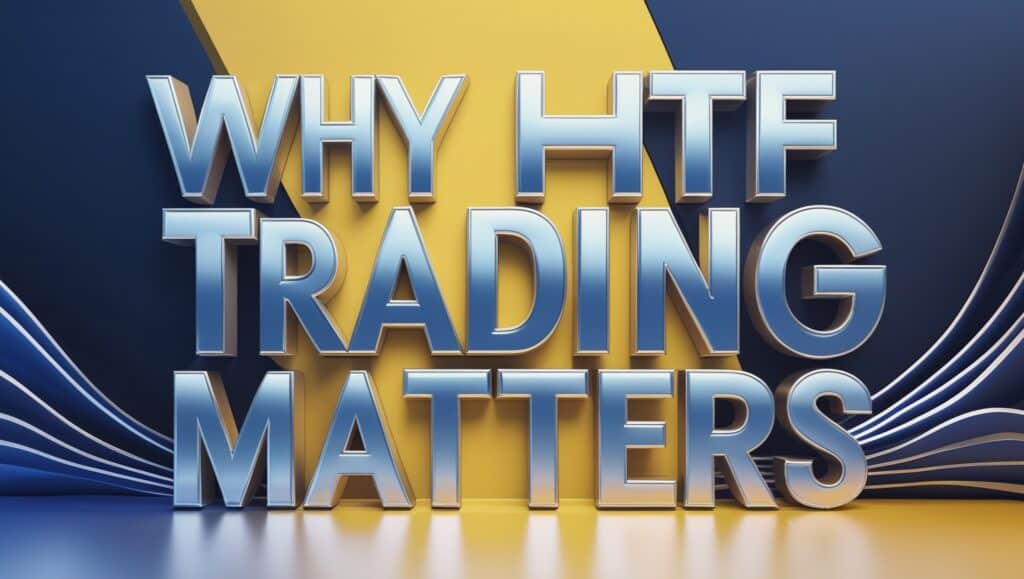 The image features a bold and modern design with the text **"WHY HTF TRADING MATTERS"** in a 3D metallic style against a dynamic blue and yellow background.
This emphasizes the significance of **Higher Time Frame (HTF) trading**, which helps traders:
- Identify long-term trends for better decision-making.
- Avoid market noise and false breakouts common in lower time frames.
- Align trades with the overall market direction for higher probability setups.
HTF analysis is crucial for traders who want to build a strategic approach rather than reacting to short-term fluctuations.