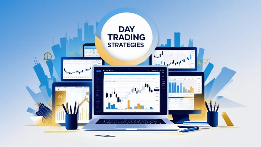 A vibrant modern illustrative image depicting various day trading strategies for 'What is US30 in Forex'. The design features a diverse array of digital devices displaying financial charts and graphs, set against a stylized backdrop of a city skyline. In the foreground, a laptop screen shows a detailed candlestick chart, accompanied by tablets and smartphones that further highlight statistical data and analytical tools used in forex trading. The overall blue and yellow color scheme adds a dynamic and informative touch to the visual, emphasizing the analytical nature of forex trading.