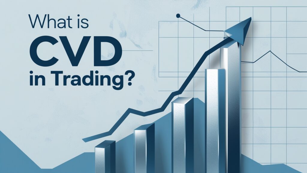 Informative banner titled 'What is CVD in Trading?' featuring a graphical representation of rising bar charts on a pale blue background with a grid overlay. The tallest bar ends in a sharp upward arrow, symbolizing the concept of Cumulative Volume Delta (CVD) in trading. The design integrates visual elements like subtle grunge textures and dynamic line charts, conveying the analytical approach to understanding volume changes and their impact in trading scenarios.