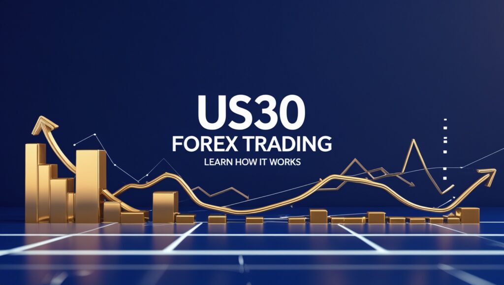 This visually striking banner features the text 'US30 Forex Trading: Learn How It Works' prominently displayed over a deep blue background. A three-dimensional golden chart illustrates the concept, with rising bars and fluctuating lines depicting the movement of the US30 index in forex trading. The graphical elements are rendered in glossy gold, set against the contrasting dark backdrop, conveying the dynamics of the forex market and inviting viewers to explore how trading with the US30 works.