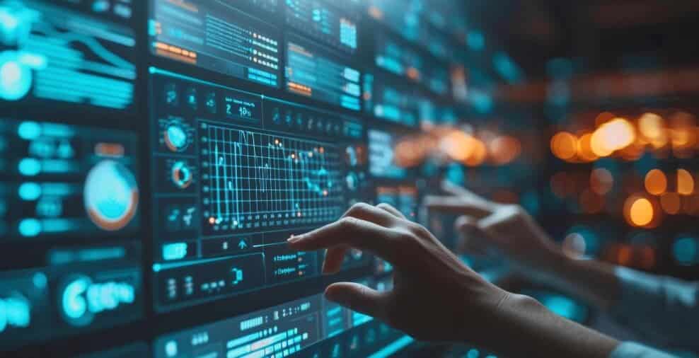 hands touching screen showing trading chart