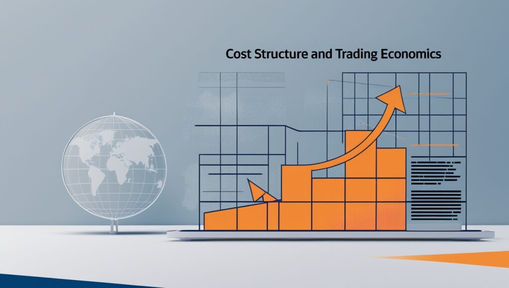 A sleek and modern digital illustration representing the concept of 'Cost Structure and Trading Economics' with a focus on financial analysis suitable for finding the best broker for scalping. The image features a large bar graph with rising orange bars against a grid background, indicating upward financial trends. To the left, a transparent globe on a stand symbolizes global market reach. The design uses a minimalistic style with a palette of orange, blue, and white, conveying a clean, analytical feel.